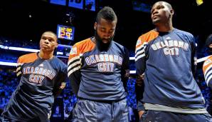 James Harden (M.), Kevin Durant (r.) und Russell Westbrook spielten von 2009 bis 2012 gemeinsam in Oklahoma City.